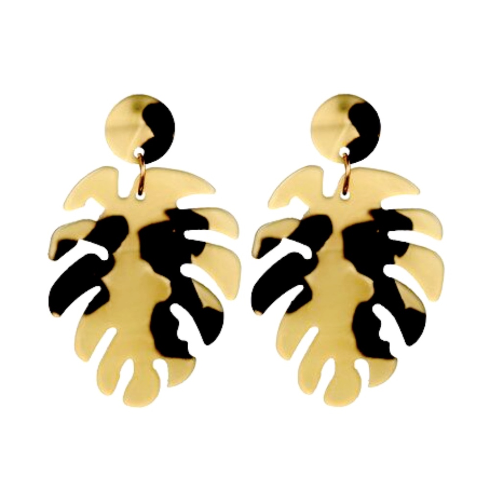 Tortoise Shell Leopard Leaf Dangle Drop Earrings - Picture 3 of 4